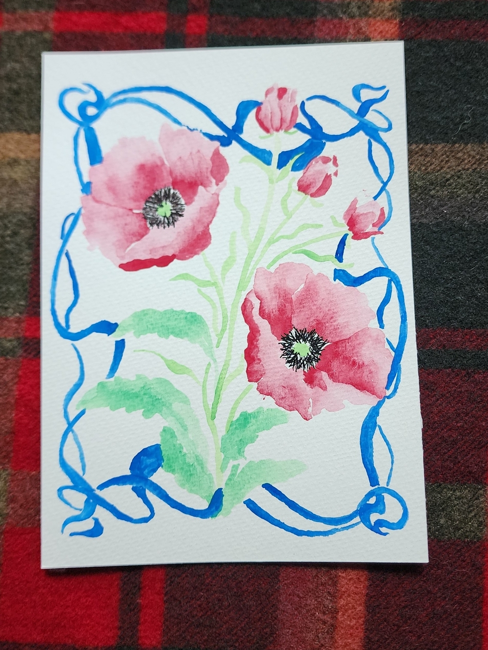 Handpainted Watercolor Poppy Floral Card - Pink & Blue